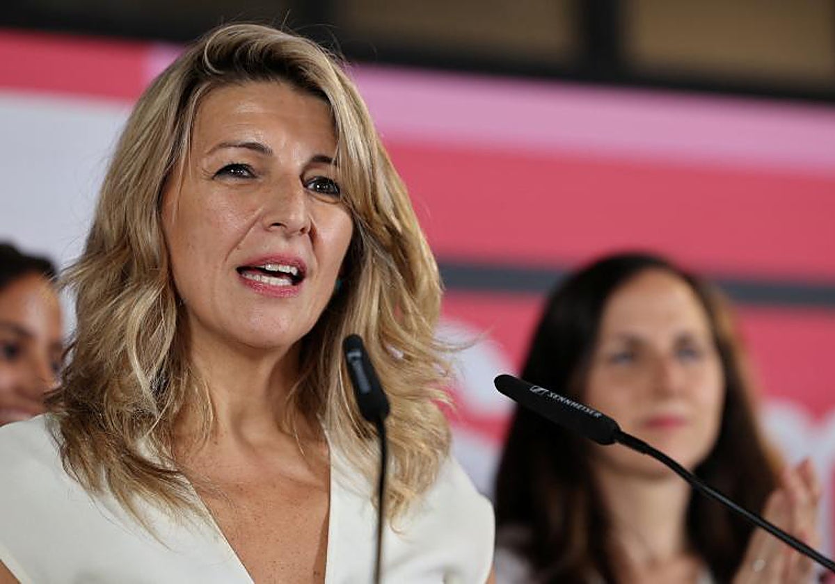 La vicepresidenta segunda del Gobierno y candidata de Sumar, Yolanda Díaz, durante el balance de los datos electorales la noche del 23J