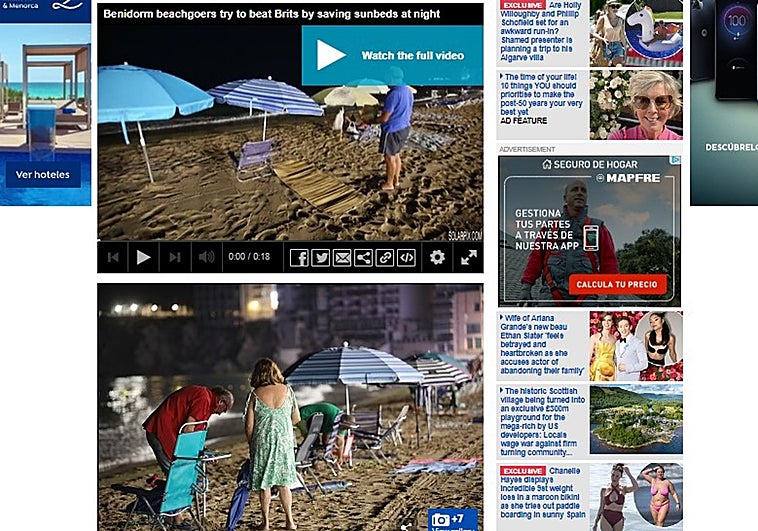 Imágenes y vídeo difundido por Daily Mail en el que se ve a varias personas colocando sombrillas y tumbonas en la playa de Benidorm, de noche