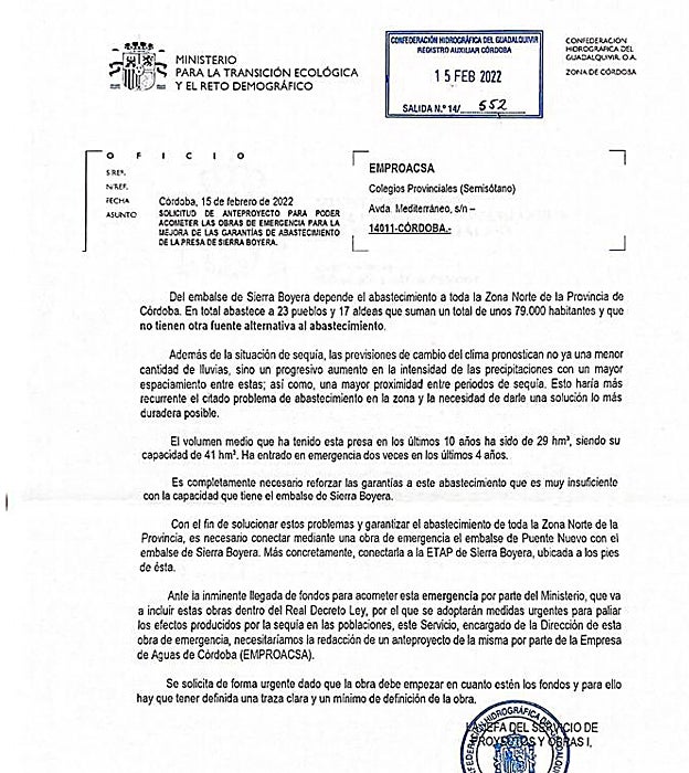 Carta que recibe Emproacsa con la petición de la jefa de Servicio de Obras y Proyectos de la CHG sobre Puente Nuevo