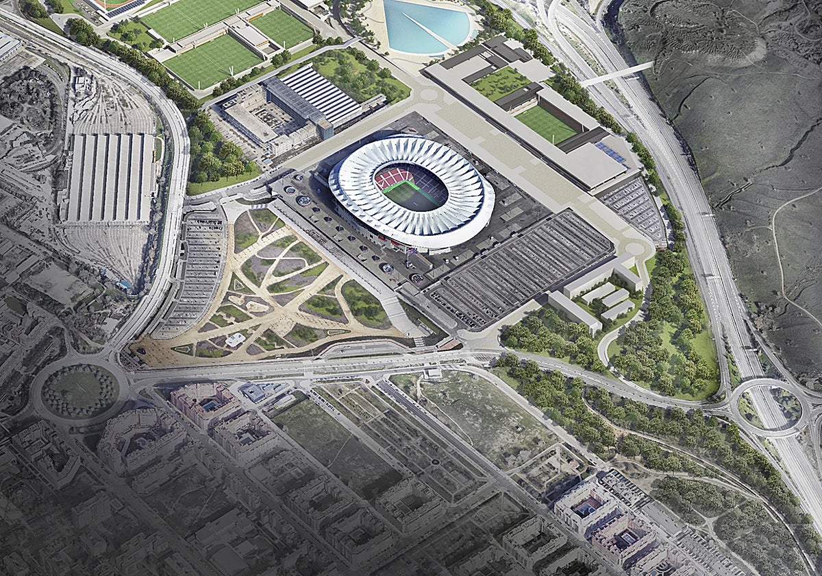 Vista aérea, en una recreación, de las carreteras que rodean al estadio Metropolitano