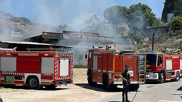 Vehículos de bomberos y un policía junto a las instalaciones calcinadas