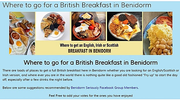 Anuncio de portal especializado en turismo para británicos Benidormseriously con bares donde comer un desayuno inglés.
