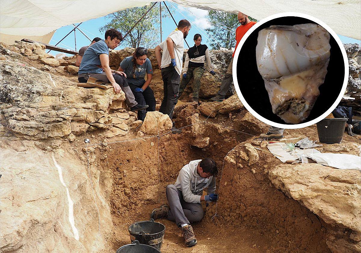 El cubil de hienas de la cueva Des-Cubierta, donde se encontró el diente (en la imagen circular)
