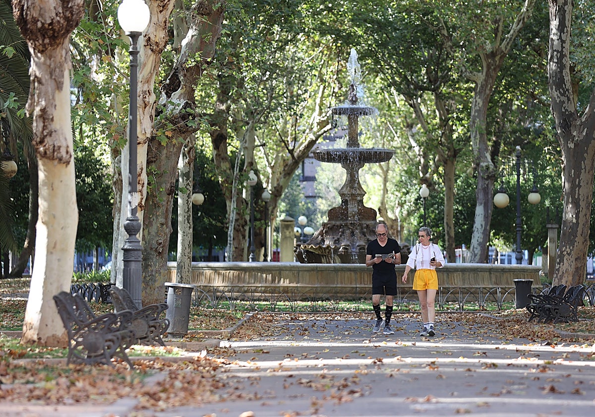 Una pareja camina entre la arboleda de los Jardines de Colón en Córdoba