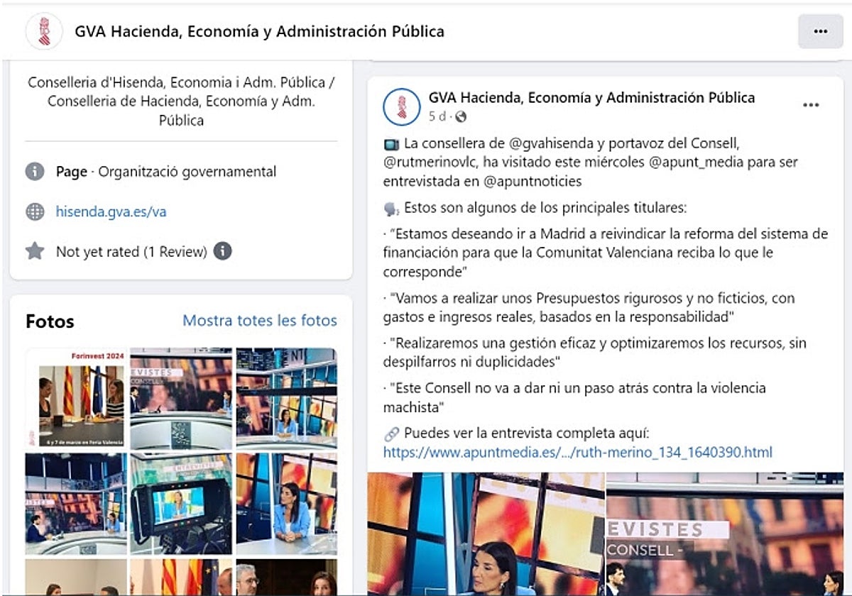 Captura de pantalla difundida por la Plataforma per la Llengua con la denominación oficial de una Conselleria en valenciano y un mensaje en castellano.
