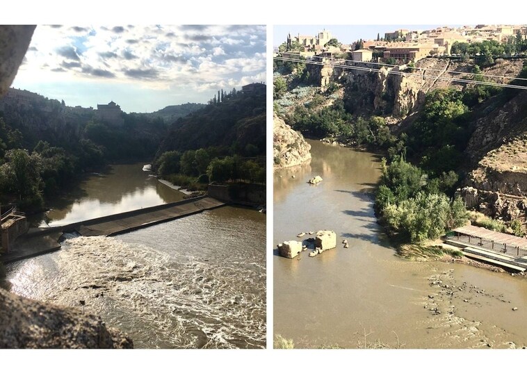 A la izquierda, la rotura del azud y, a la derecha, el estado de los molinos de Daicán y el escaso caudal del río Tajo este domingo, una semana después del paso de la DANA