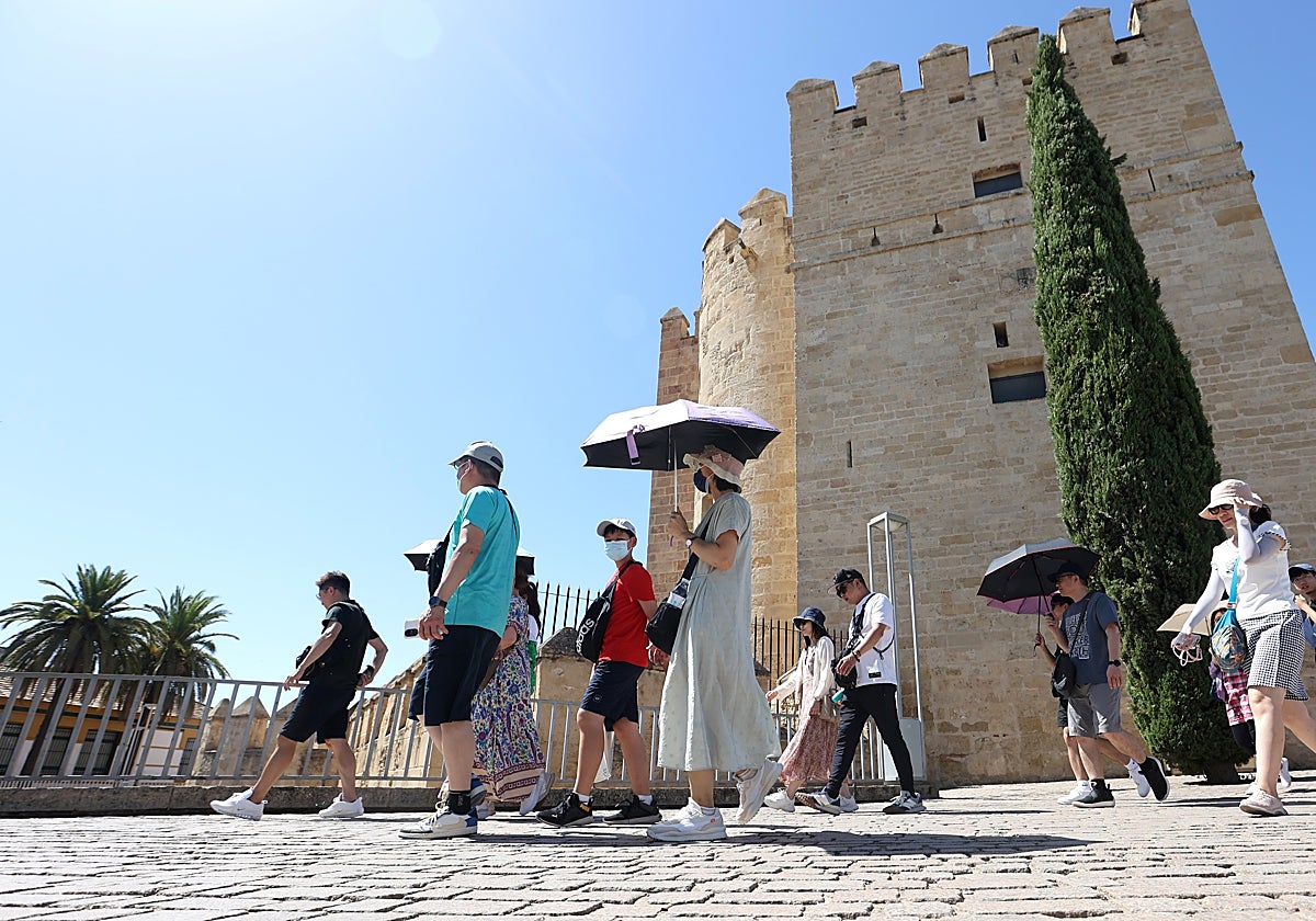Un grupo de turistas asiáticos pasan por la Torre de la Calahorra el pasado mes de agosto bajo paraguas