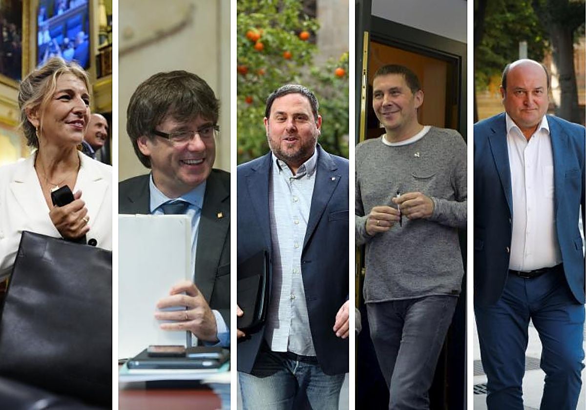 Yolanda Díaz (Sumar), Carles Puigdemont (Junts), Oriol Junqueras (ERC), Arnaldo Otegi (Bildu) y Andoni Ortuzar (PNV)