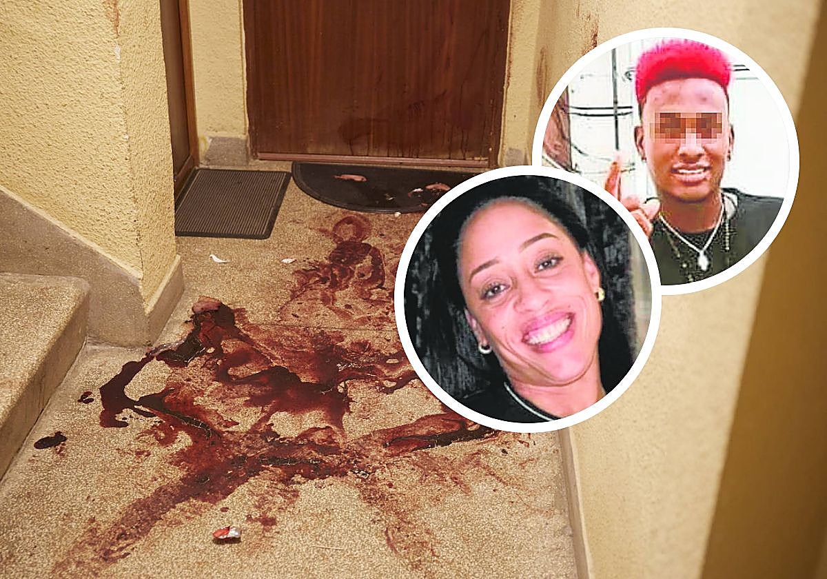 El descansillo del tercer piso, donde se desplomó la víctima, ensangrentado. En la imagen, Mella y su agresor