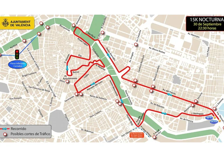 Mapa del recorrido Valencia Nocturna 15K y cortes de tráfico durante la prueba