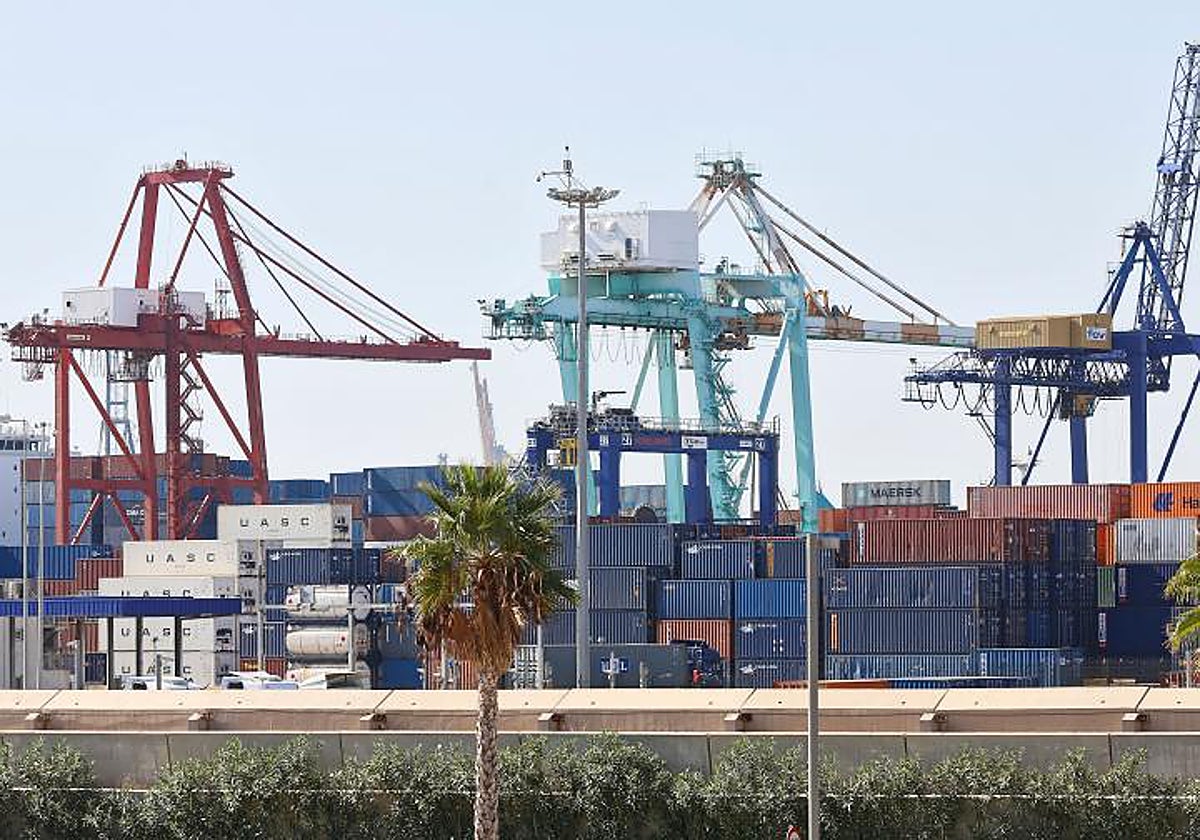 Grúas y contenedores en el puerto de Valencia.