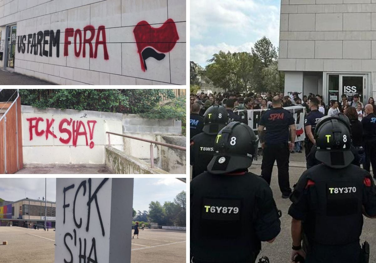 Pintadas contra S'ha Acabat! aparecidas el martes por la mañana en protesta contra su presencia en una feria (der.)