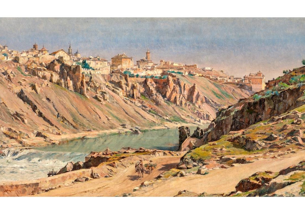 Vista de Toledo por Ricardo Arredondo (c. 1900): en burro por caminos de tierra frente a la ciudad distante. Museo del Prado.