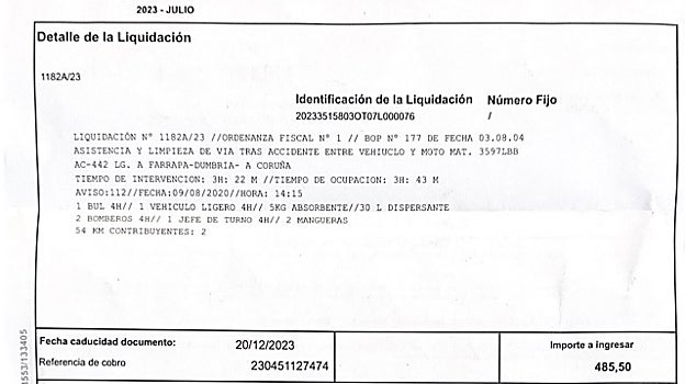 Extracto de la reclamación al fallecido por la limpieza de la vía tras el accidente