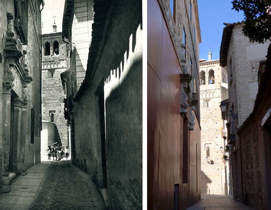 Calle de San Ildefonso. A la izquierda, en una fotografía en blanco y negro de Rodríguez (Archivo Municipal de Toledo), se aprecia la portada de un antiguo palacio (siglo XVI) que adecuó la Junta de Protección a la Infancia para albergar el Comedor de Caridad, antes situado en otro barrio. A la derecha, el mismo lugar en la actualidad (foto Rafael del Cerro)