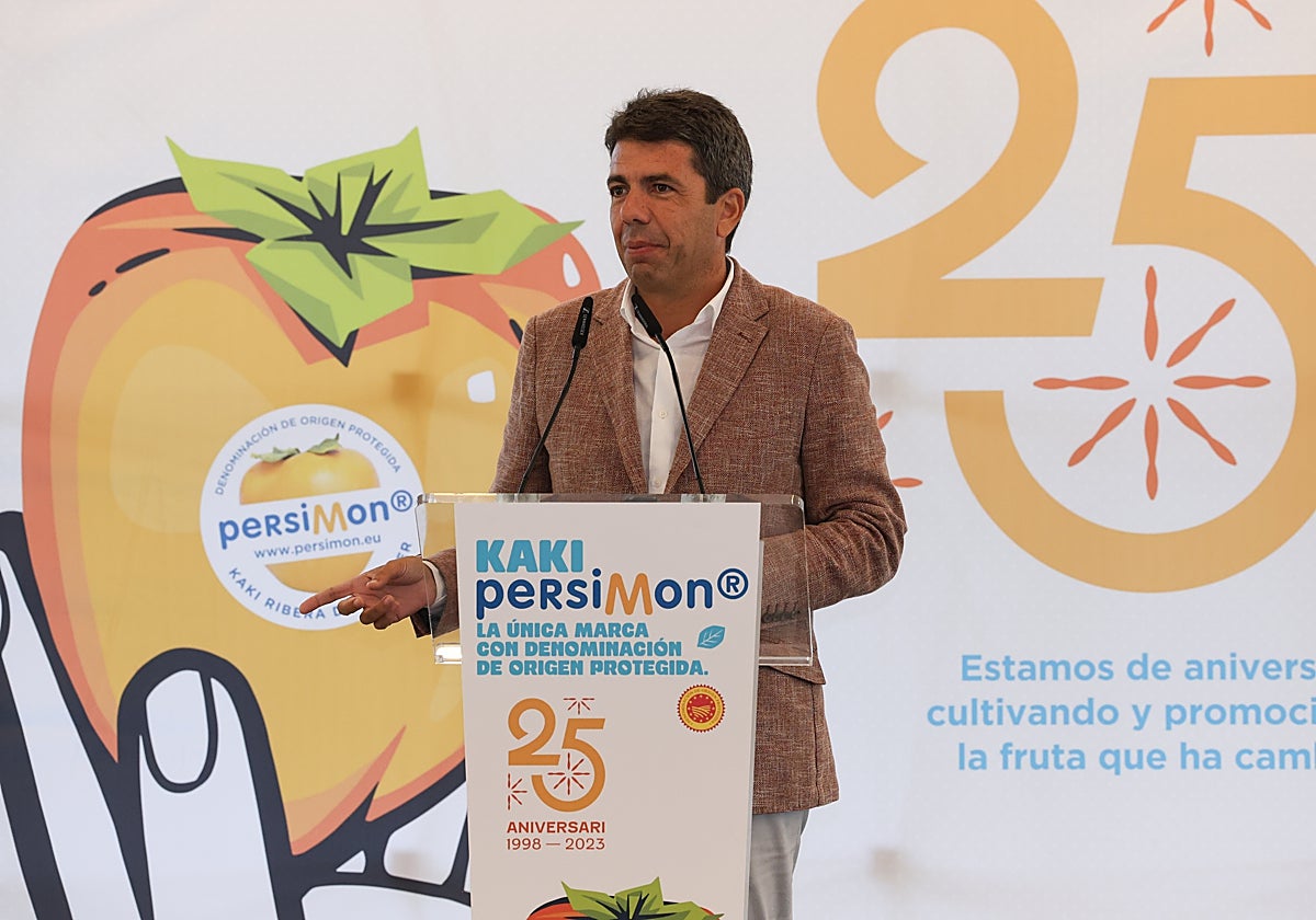 Imagen del presidente de la Generalitat Valenciana, Carlos Mazón, durante el acto del 25 aniversario de la DOP Kaki Ribera del Xúquer