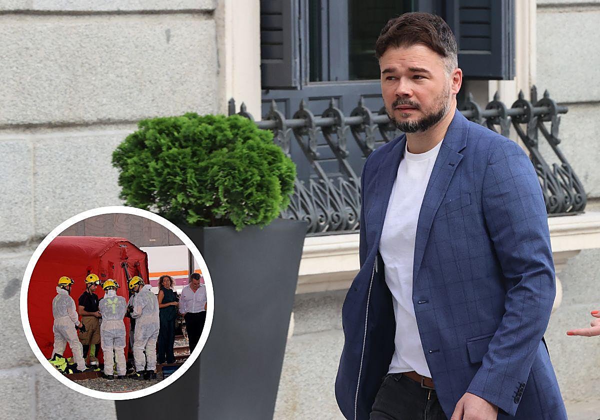 Gabriel Rufián. Abajo, la Policía trabaja en el lugar donde se ha hallado el cadáver de Álvaro Prieto