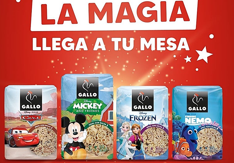 Imagen de las variedades de pasta que ha lanzado Pastas Gallo en alianza con Disney