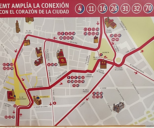 Mapa de líneas de la EMT en el centro de Valencia