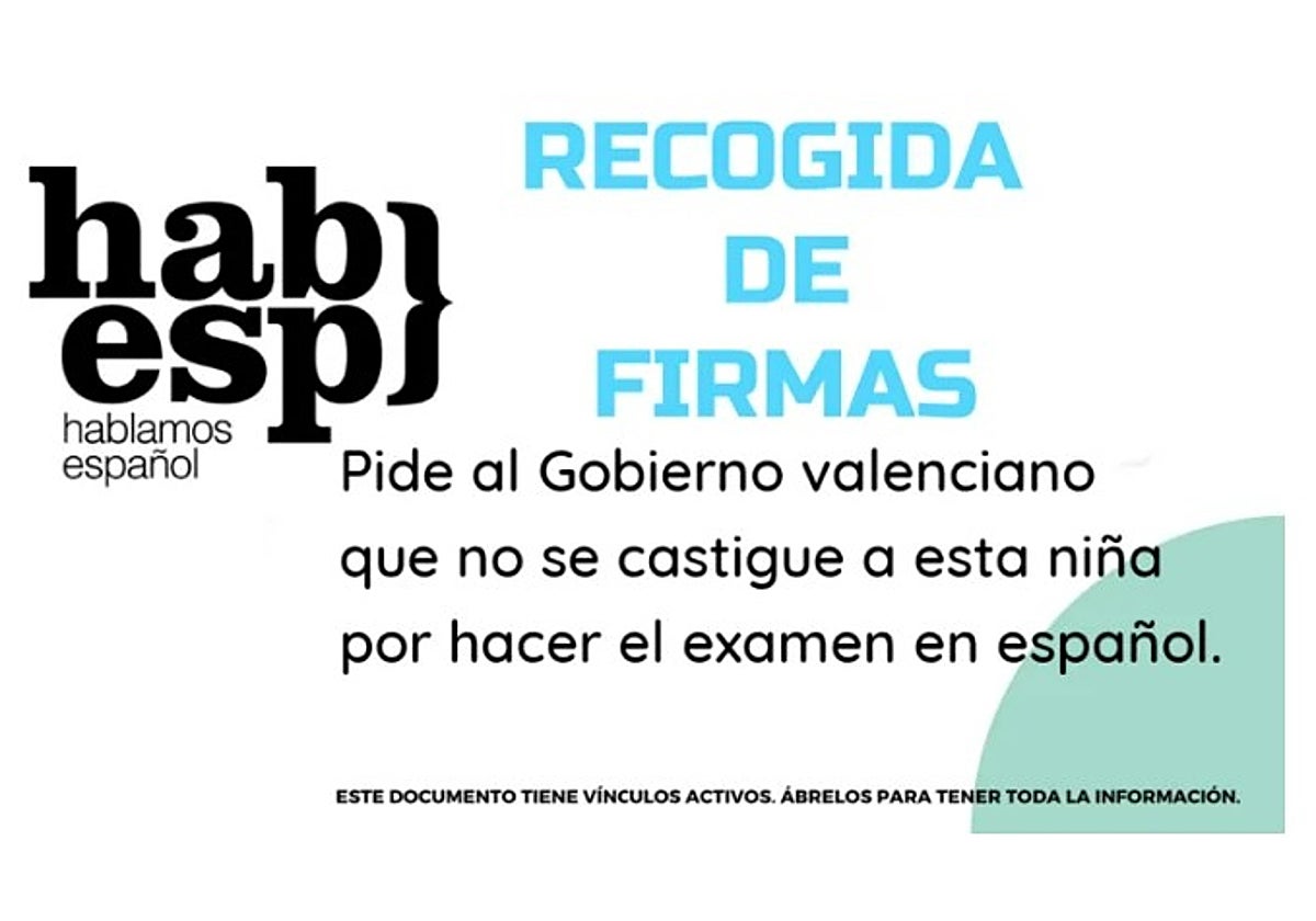 Cartel de la recogida de firmas impulsada por Hablamos Español en internet a favor de la alumna suspendida en Geografía por hacer el examen en castellano.