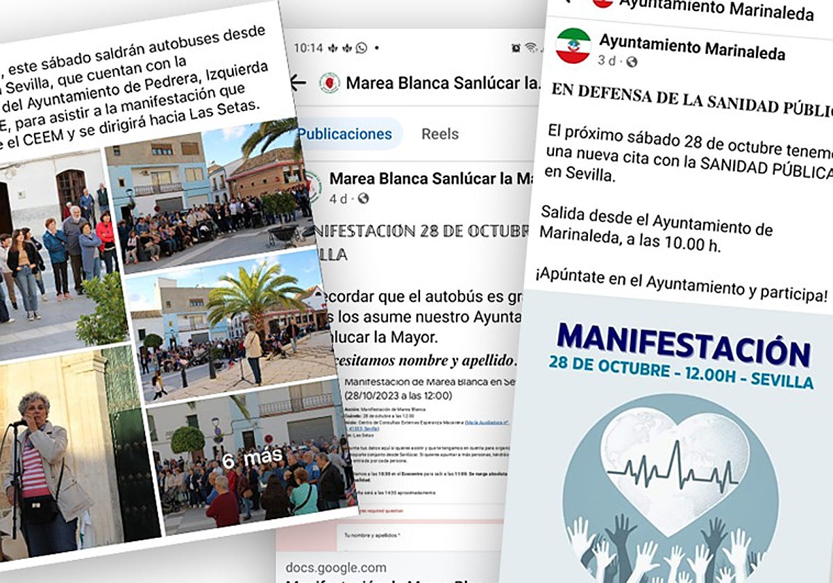 Mensajes publicados en redes sociales de los ayuntamientos de Sanlúcar la Mayor, Marinaleda o la televisión pública de Pedrera