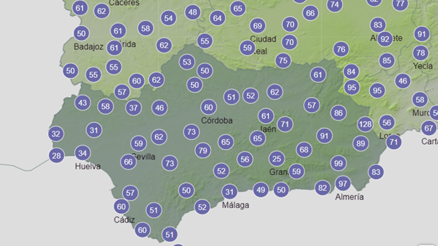 Rachas máximas de viento para este jueves en Andalucía