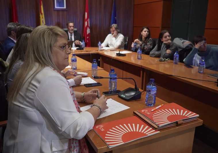 En primer plano, la concejala de CS María Jesús Mañero, este jueves, en el pleno extraordinario de la moción de censura en el Ayuntamiento de Torrelaguna