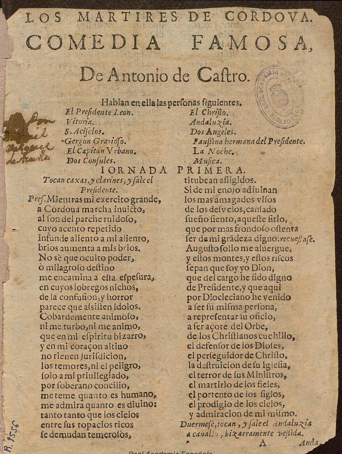 Primera página de 'Los Mártires de Córdoba', de Antonio de Castro