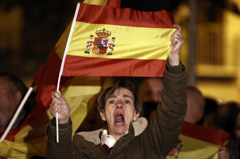 Una mujer en la protesta frente a la sede del PSN-PSOE, en el paseo Sarasate de Pamplona