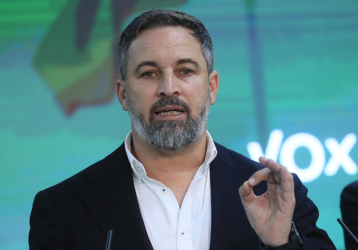 El presidente de Vox, Santiago Abascal, este martes, en rueda de prensa