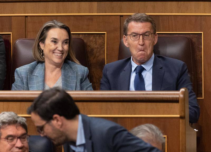 Las reacciones al discurso de Sánchez de la secretaria general del PP, Cuca Gamarra, y el presidente del Partido Popular, Alberto Núñez Feijóo