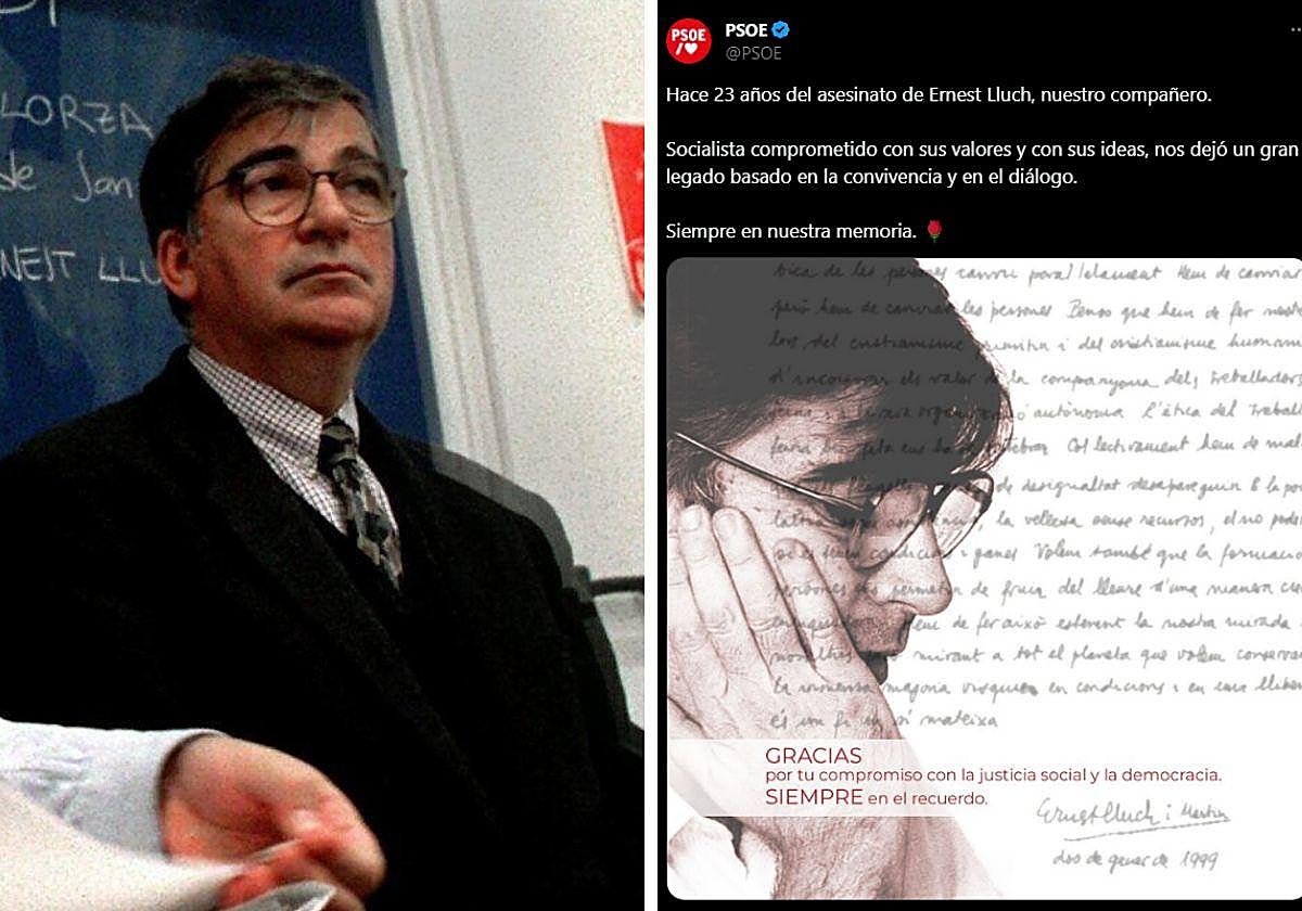 A la izquierda, Ernest Lluch. A la derecha, el tuit, sin mencionar a ETA, de recuerdo