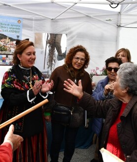 Imagen secundaria 2 - Arriba el presidente de la Diputación Provincial de Toledo con el alcalde, Gregorio García;  Carmen Riolobos y Rocío López.  Sobre estas líneas, dos momentos de la visita de Cedillo al Castillo de Bayuela, donde fotografió a varios vecinos juntos 