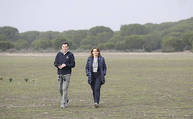 Imagen principal - Juanma Moreno y Teresa Ribera ya están en Doñana para firmar el acuerdo sobre la gestión hídrica del parque nacional, el primer gran consenso entre la Junta de Andalucia y el Gobierno de Pedro Sánchez