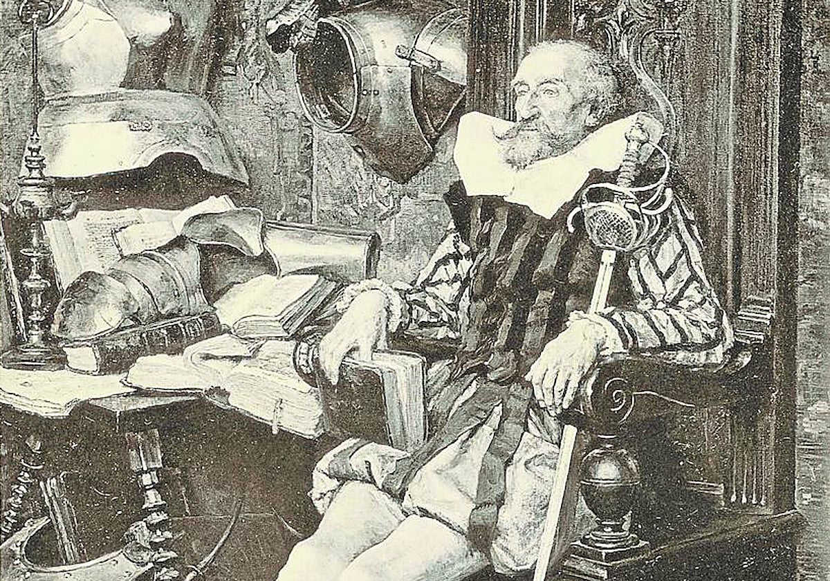 Don Qujote, entre libros de caballerías, en un grabado de Henri Pille