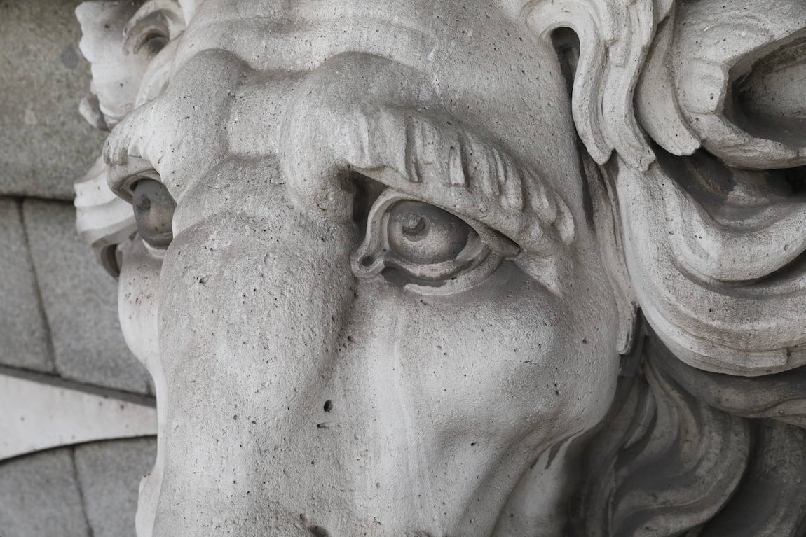 Detalle de uno de los leones de la fachada occidental, antes de la restauración: presentaba zonas ennegrecidas y puntos erosionados.
