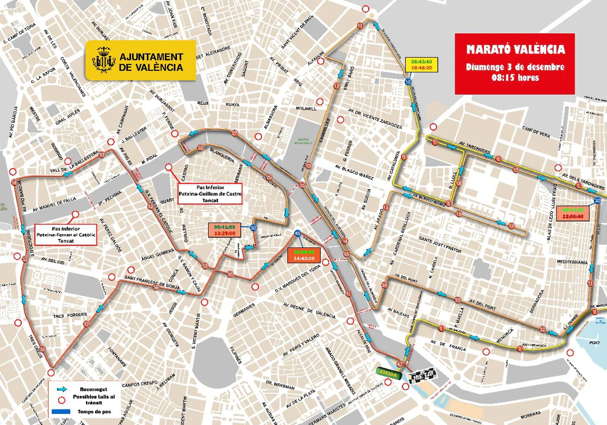 Maratón Valencia 2023 tiempos de paso, calle a calle