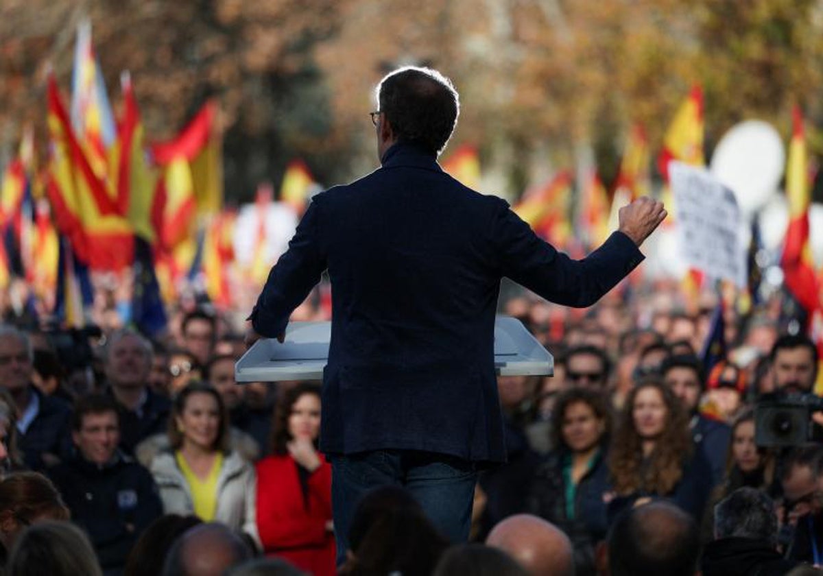 Alberto Núñez Feijóo durante su discurso, ayer, en el Templo de Debod