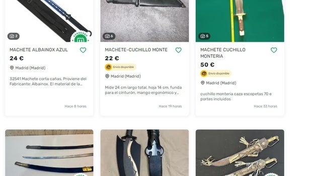 Pantallazo de algunos anuncios de venta de armas blancas prohibidas en un portal web muy conocido; los precios parten de unos 22 euros