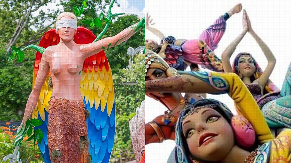 Una figura de los «Chimeneros» de Trinidad (Honduras) y una Falla de Valencia, en imágenes de archivo.