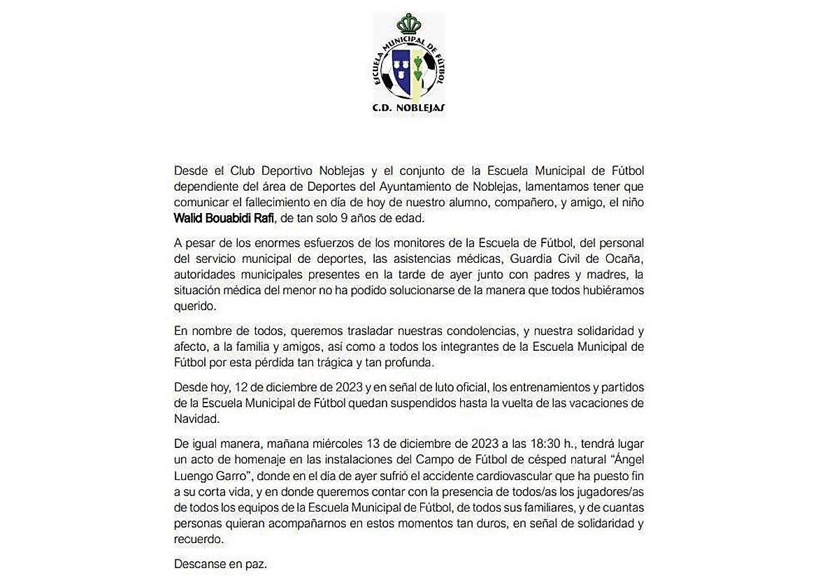 Comunicado en el que se informa del fallecimiento del niño