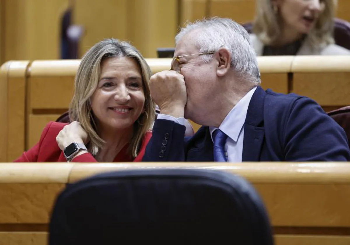 La portavoz del PP en el Senado, Alicia García, charla con su predecesor Javier Arenas este martes en la Cámara Alta