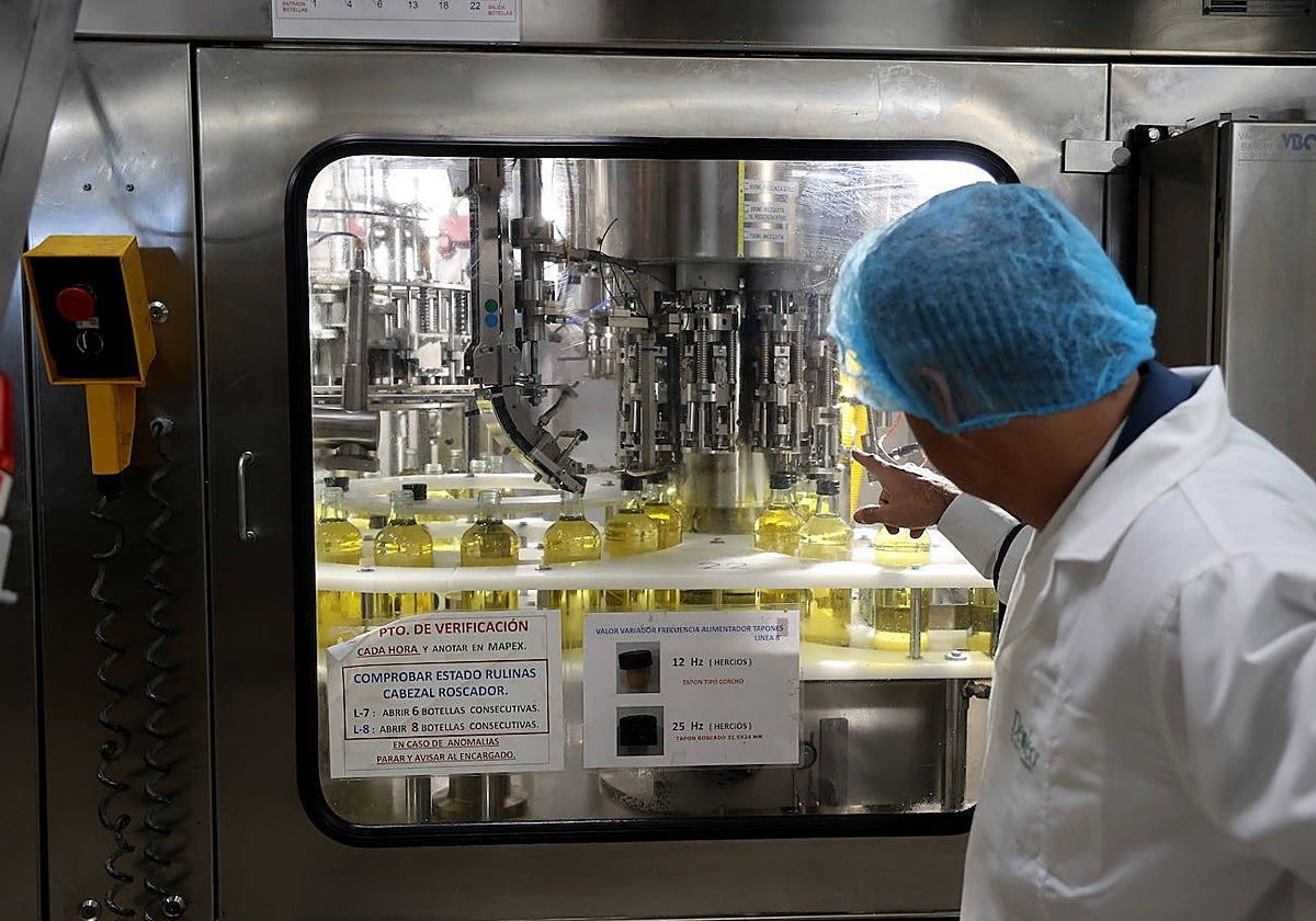 El director general global de Operaciones de Deoleo señala una máquina de la planta