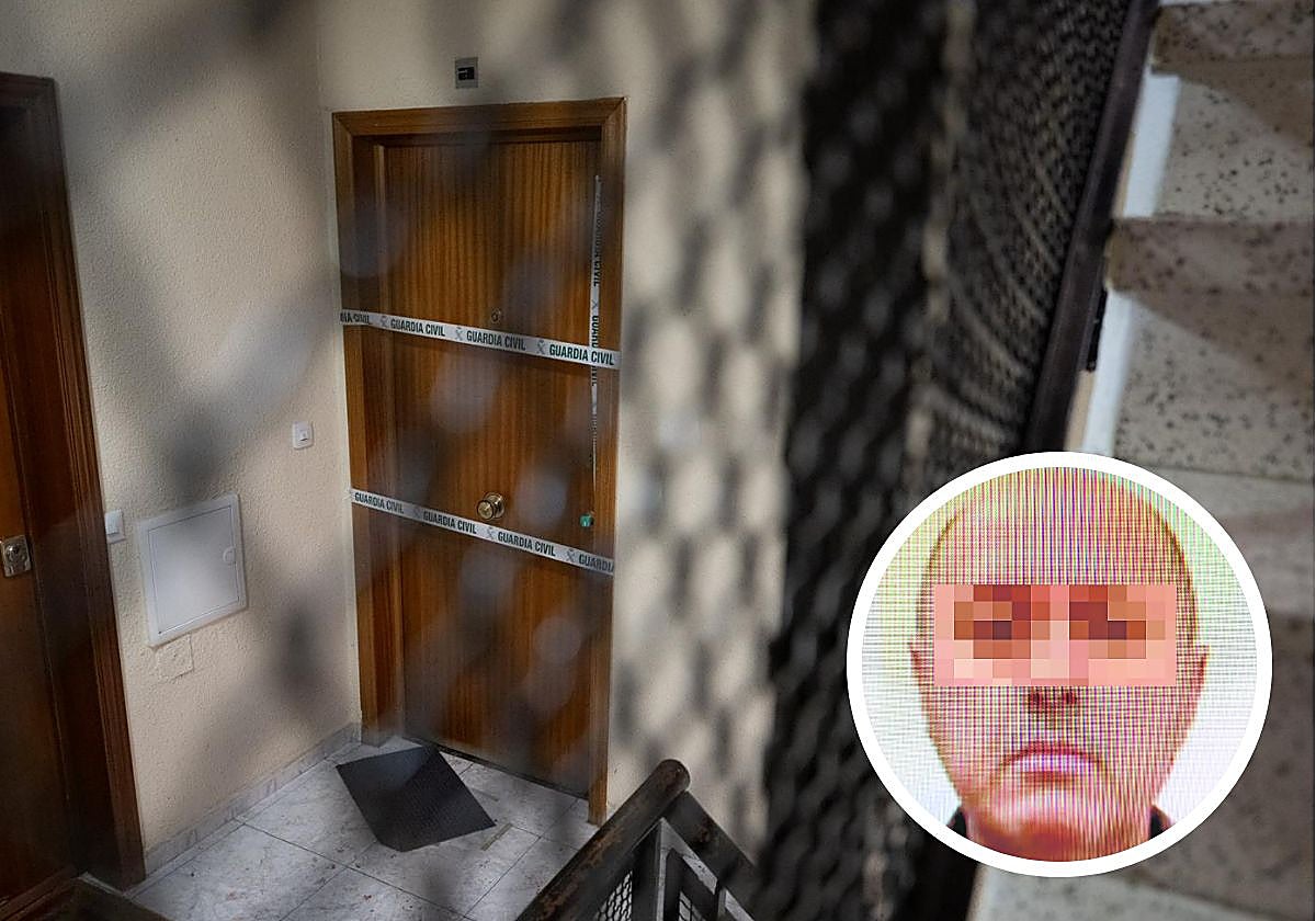 La puerta de la casa donde se produjo el crimen; en el circulo, el presunto homicida