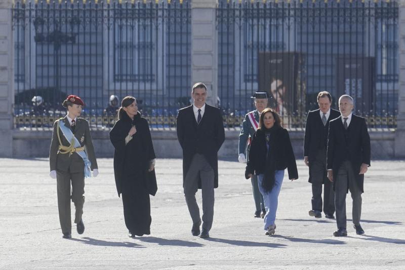 La Princesa Leonor, la Reina Letizia, el presidente del gobierno Pedro Sánchez, la ministra de Defensa, Margarita Robles, y el ministro del Interior, Fernando Grande-Marlaska