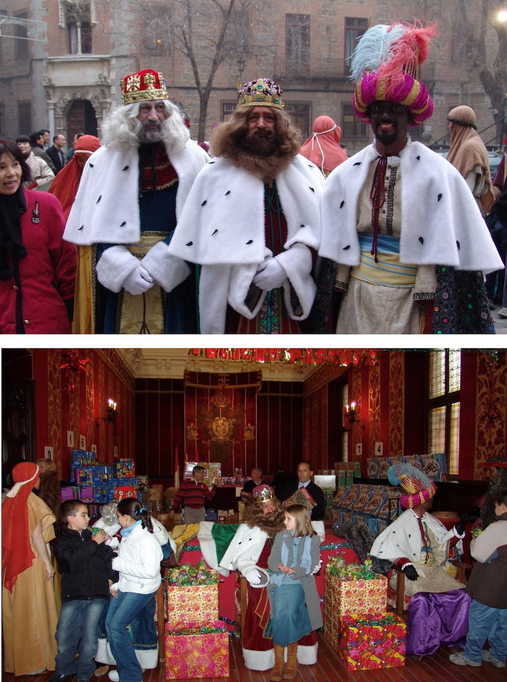 Enero de 2004. Melchor, Gaspar y Baltasar en la plaza del Ayuntamiento. Abajo en la Sala Capitular, el mismo lugar donde se vivió, el 6 de enero de 1914, la primera entrega de juguetes que entonces patrocinó El Noticiero. Fotografías de Agustín Puig