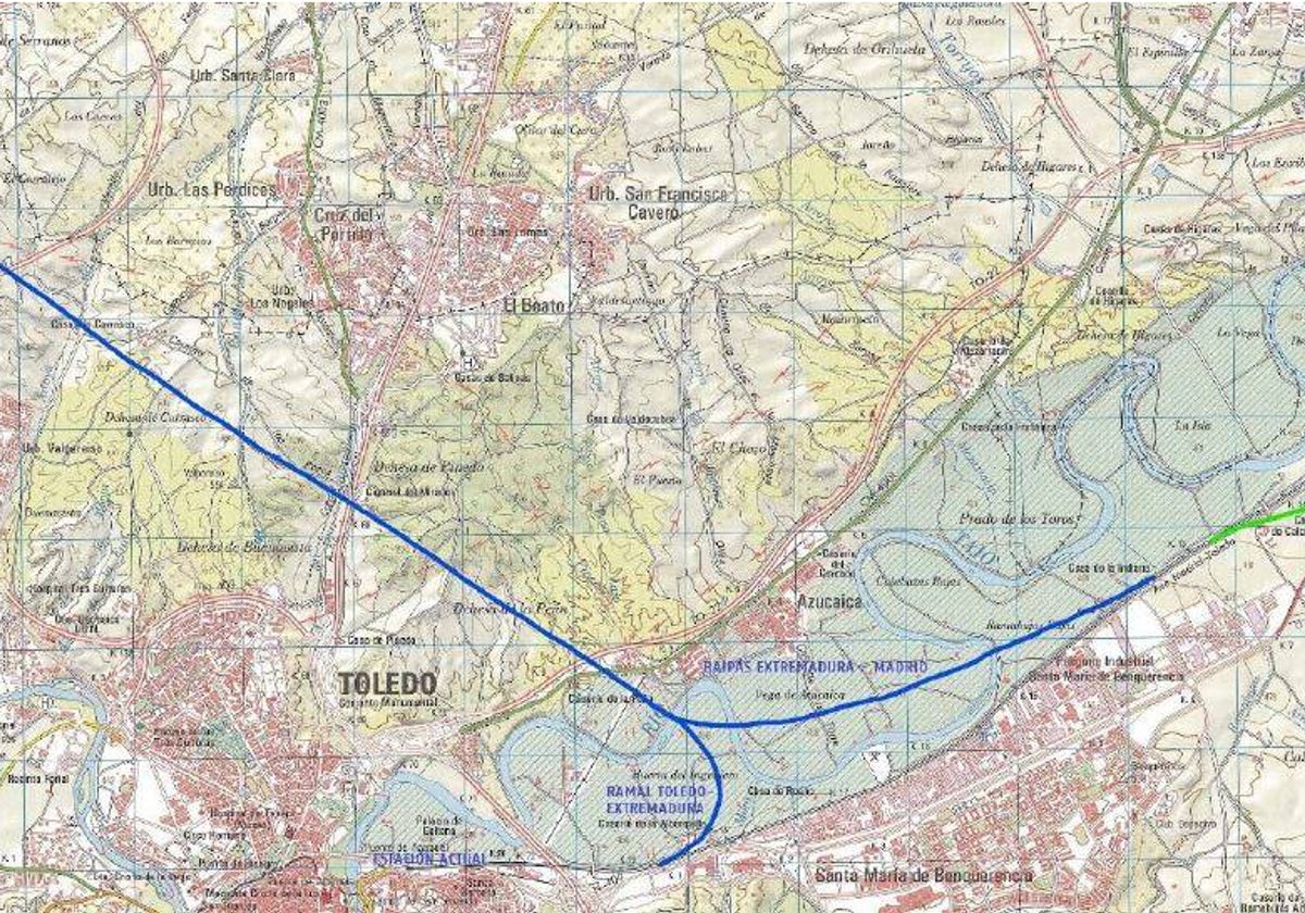 Propuesta de la AUTT: en gris la línea existente, en azul ramal y baipás de Toledo‐Extremadura y en verde conexión con Andalucía