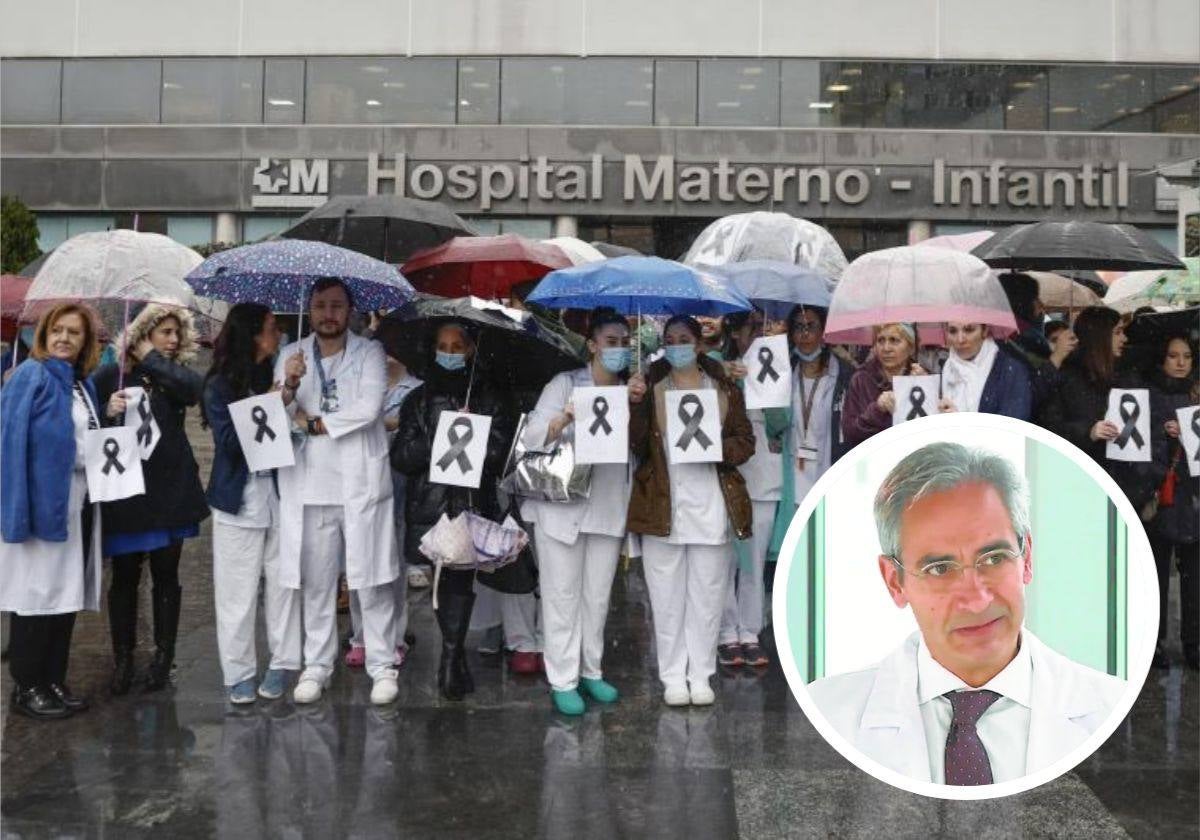 Protesta de sanitarios de La Paz por la situación de la UCI Pediátrica en este hospital. En el círculo, el doctor Pedro de la Oliva