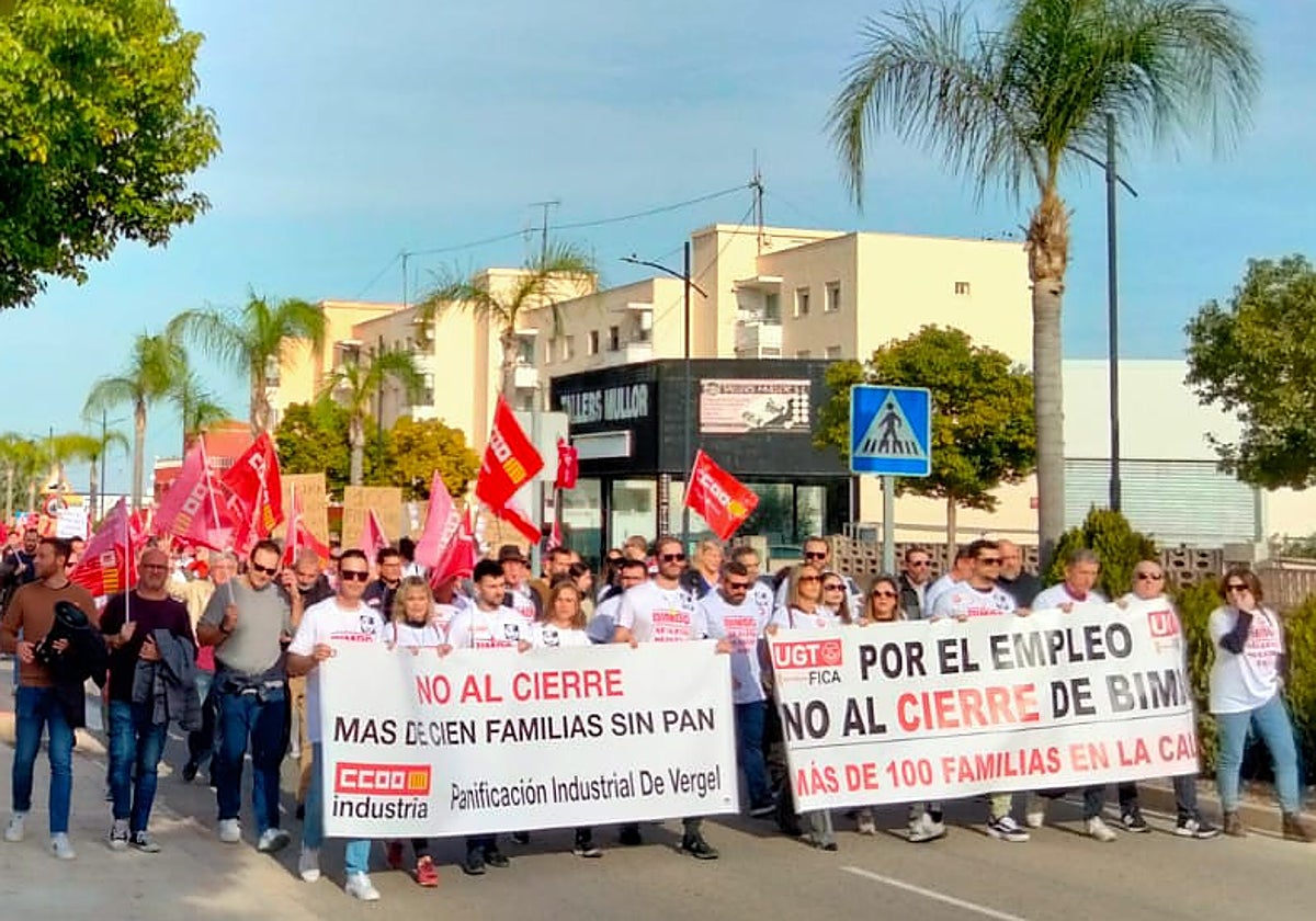 Manifestación de los trabajadores de Bimbo de la planta de producción de El Verger (Alicante), el pasado fin de semana.