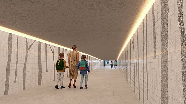 Recreación del interior del nuevo túnel, con baldosas blancas y árboles hechos de letras